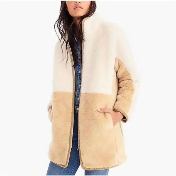 J.Crew Jackets & Blazers - J. CREW | Tan Ivory Cream Beige Oversized Color Block Coat Sherpa Teddy | Small